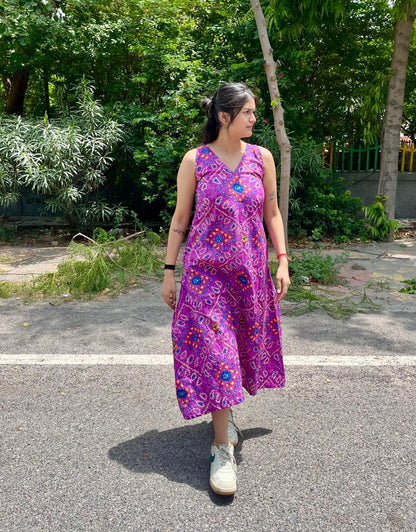 Purple bandhej A-line dress