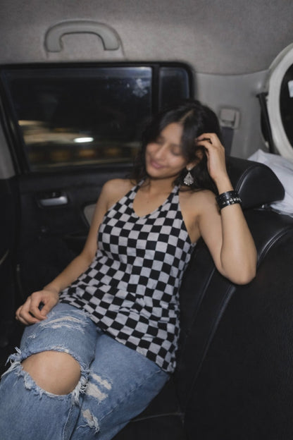 Check & Mate Halter Neck Short Kurti