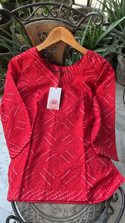 Red Bhandej Straight Fit Short Kurti
