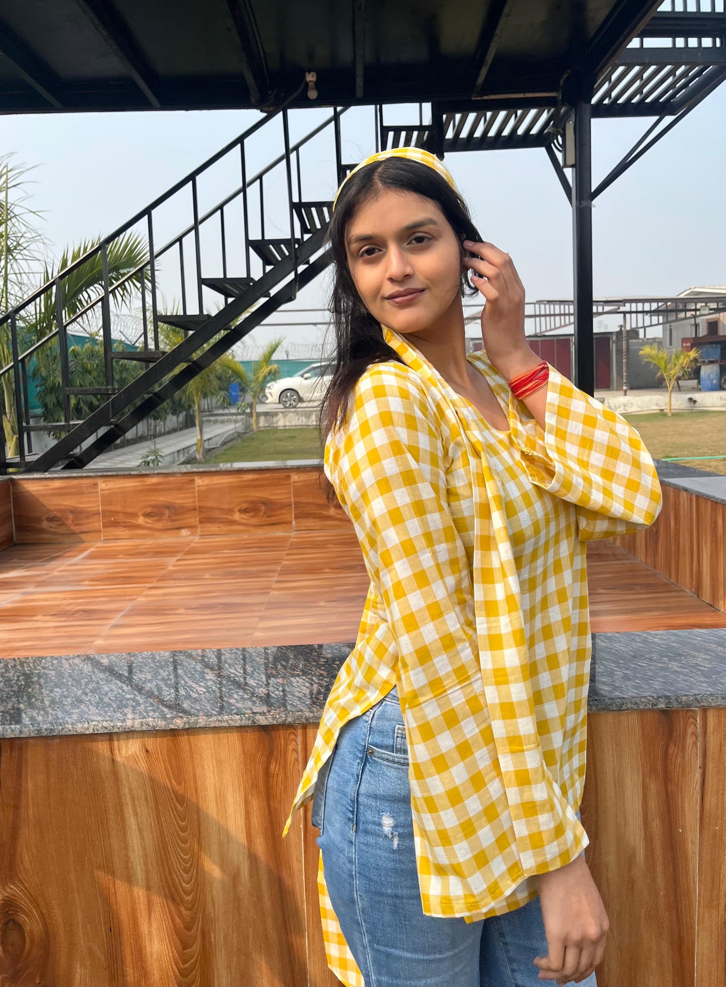 Yellow Check Kurti (with neck band)
