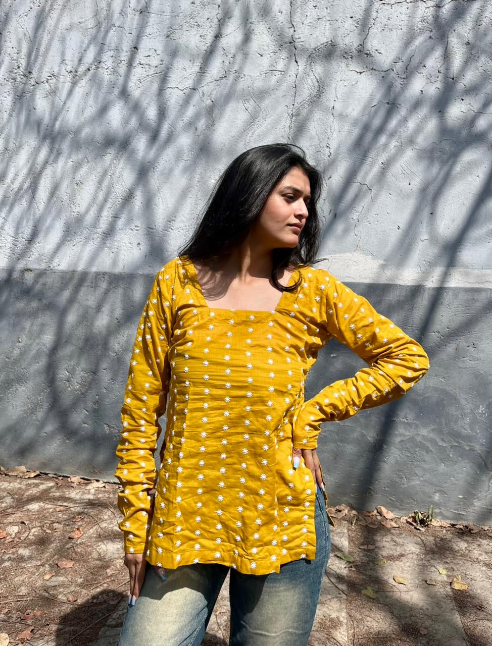 Mustard Embroidered Backless Short Kurti