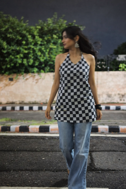 Check & Mate Halter Neck Short Kurti