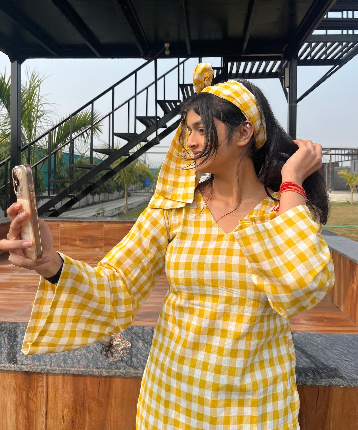 Yellow Check Kurti (with neck band)