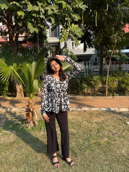 Black & White Floral Short Kurti Top