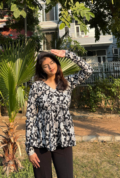 Black & White Floral Short Kurti Top