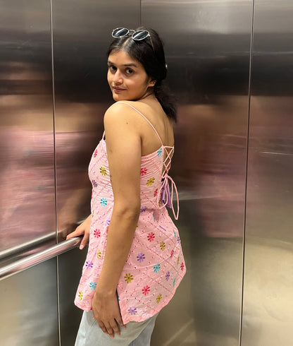 Pink Embroidery Strappy Backless Kurti