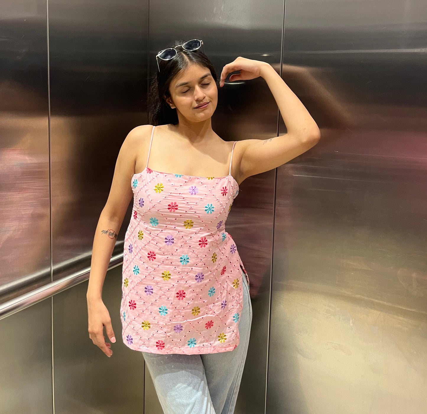 Pink Embroidery Strappy Backless Kurti