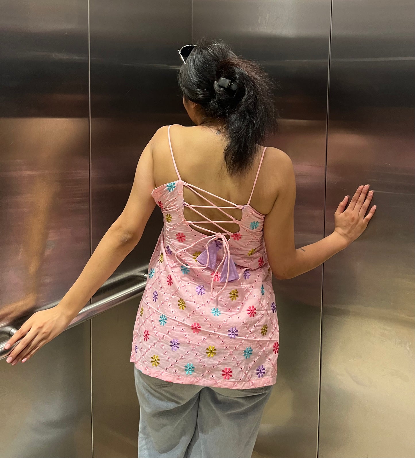 Pink Embroidery Strappy Backless Kurti