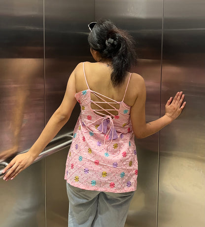 Pink Embroidery Strappy Backless Kurti
