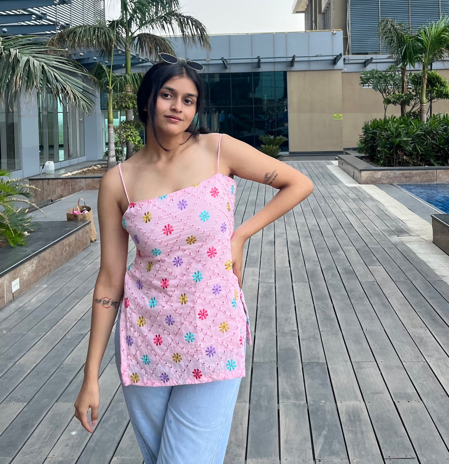 Pink Embroidery Strappy Backless Kurti