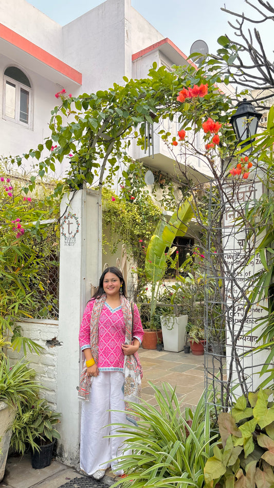 Pink Bandhini Straight Kurti Top