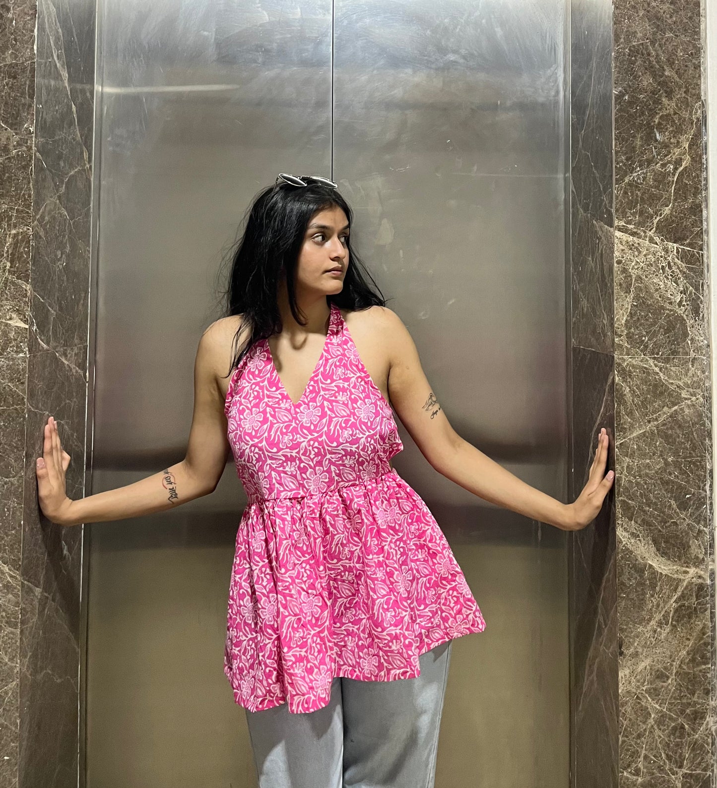 Pink Spicy Backless Peplum Short Kurti