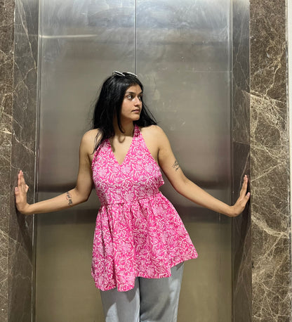 Pink Spicy Backless Peplum Short Kurti