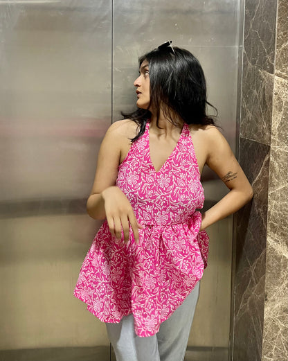 Pink Spicy Backless Peplum Short Kurti