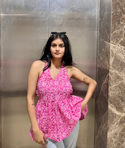 Pink Spicy Backless Peplum Short Kurti