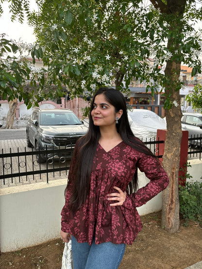 Brown Floral Short Kurti