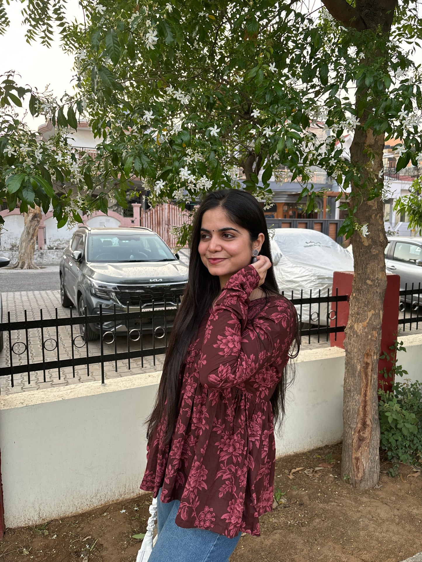 Brown Floral Short Kurti