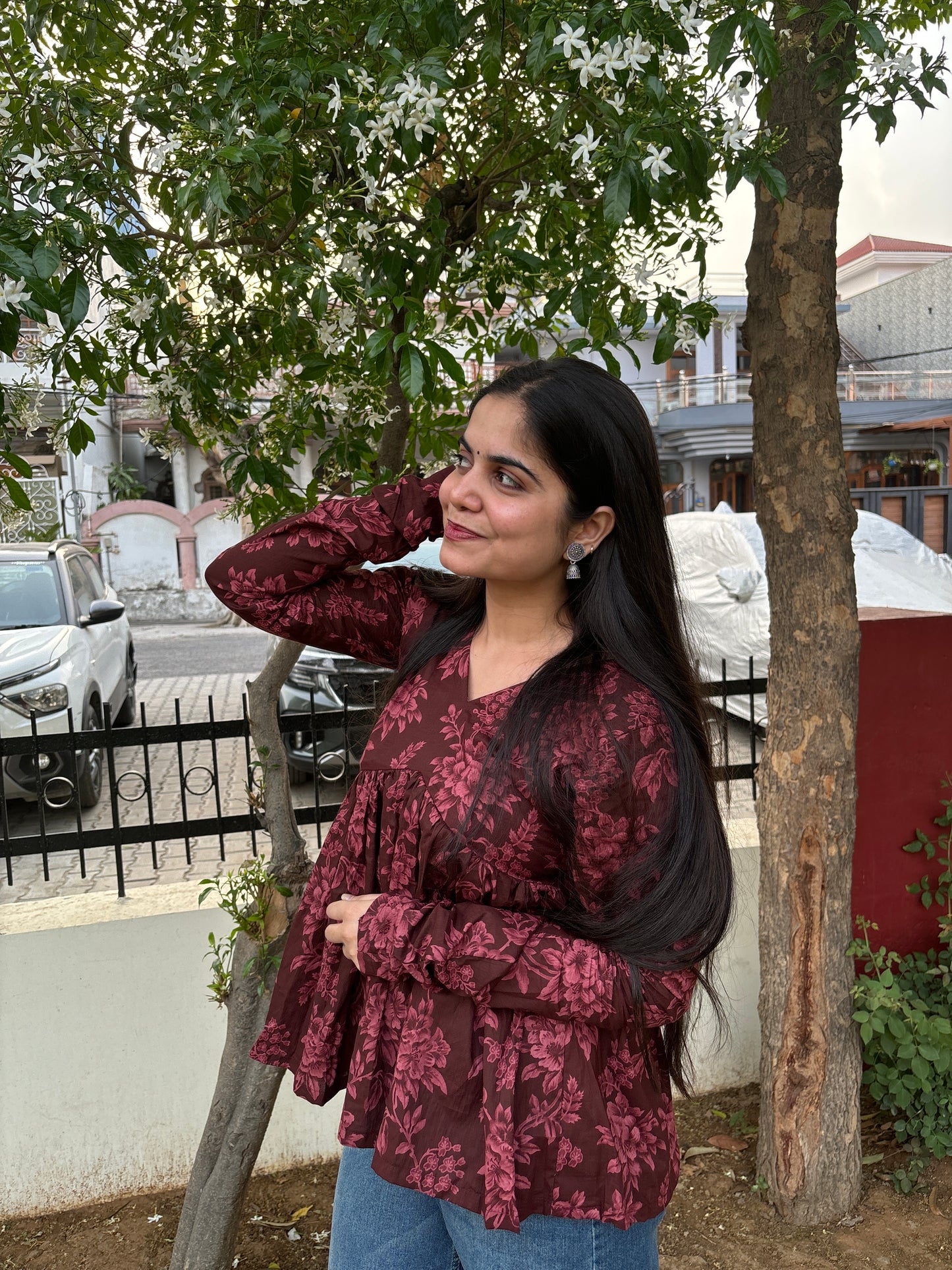 Brown Floral Short Kurti