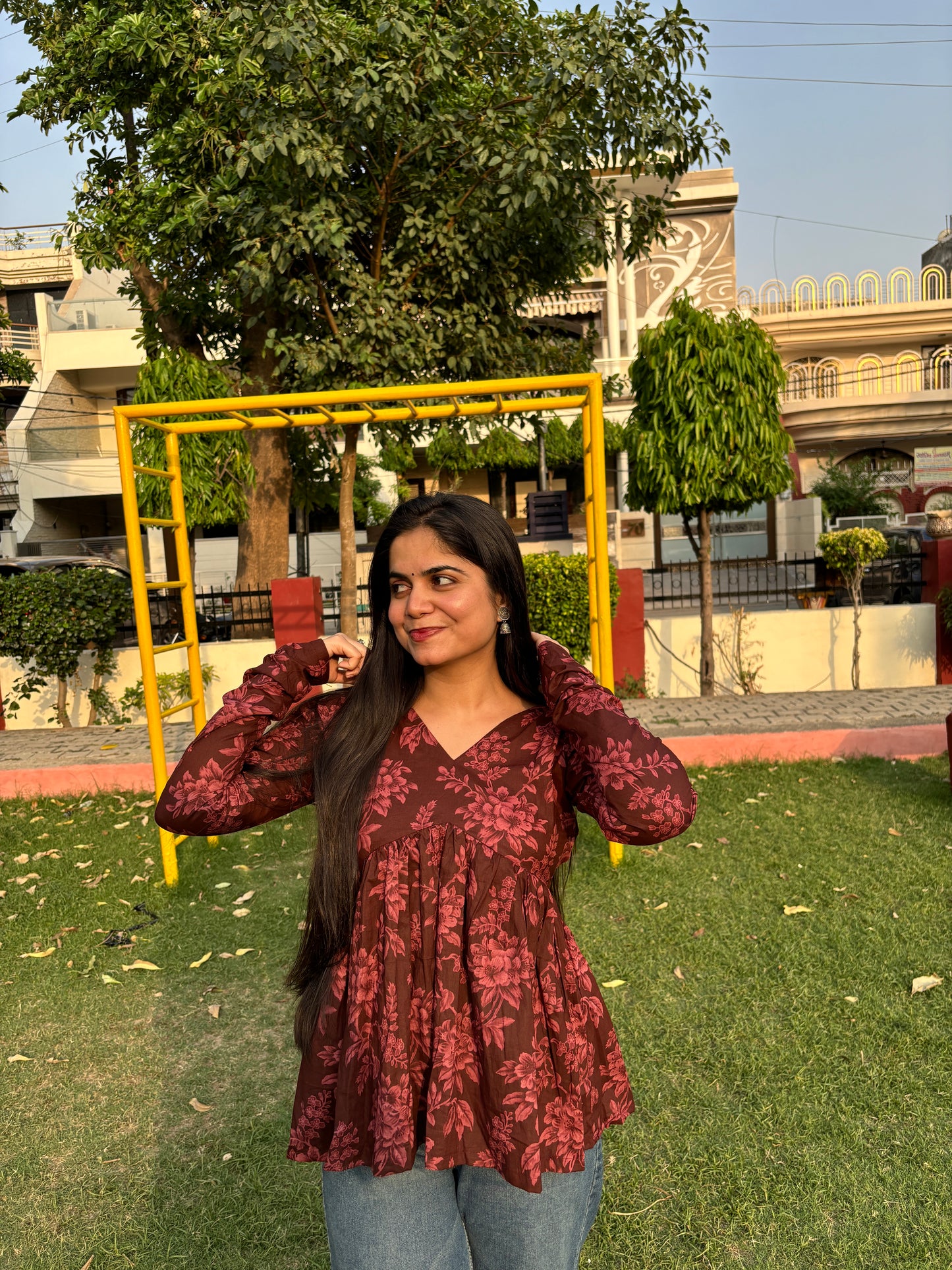 Brown Floral Short Kurti