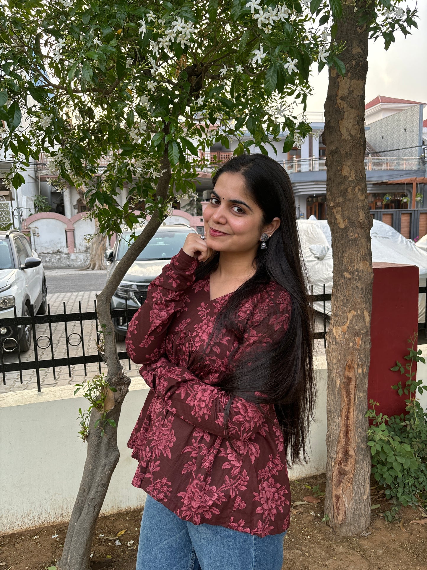 Brown Floral Short Kurti