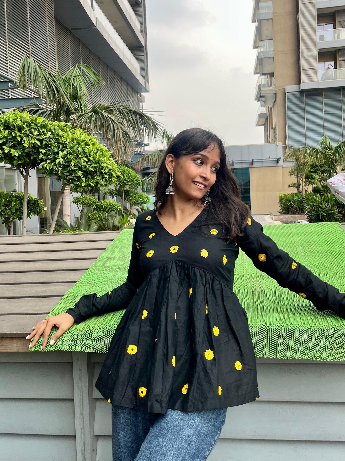 Handpainted Sunflower Peplum Short Kurti