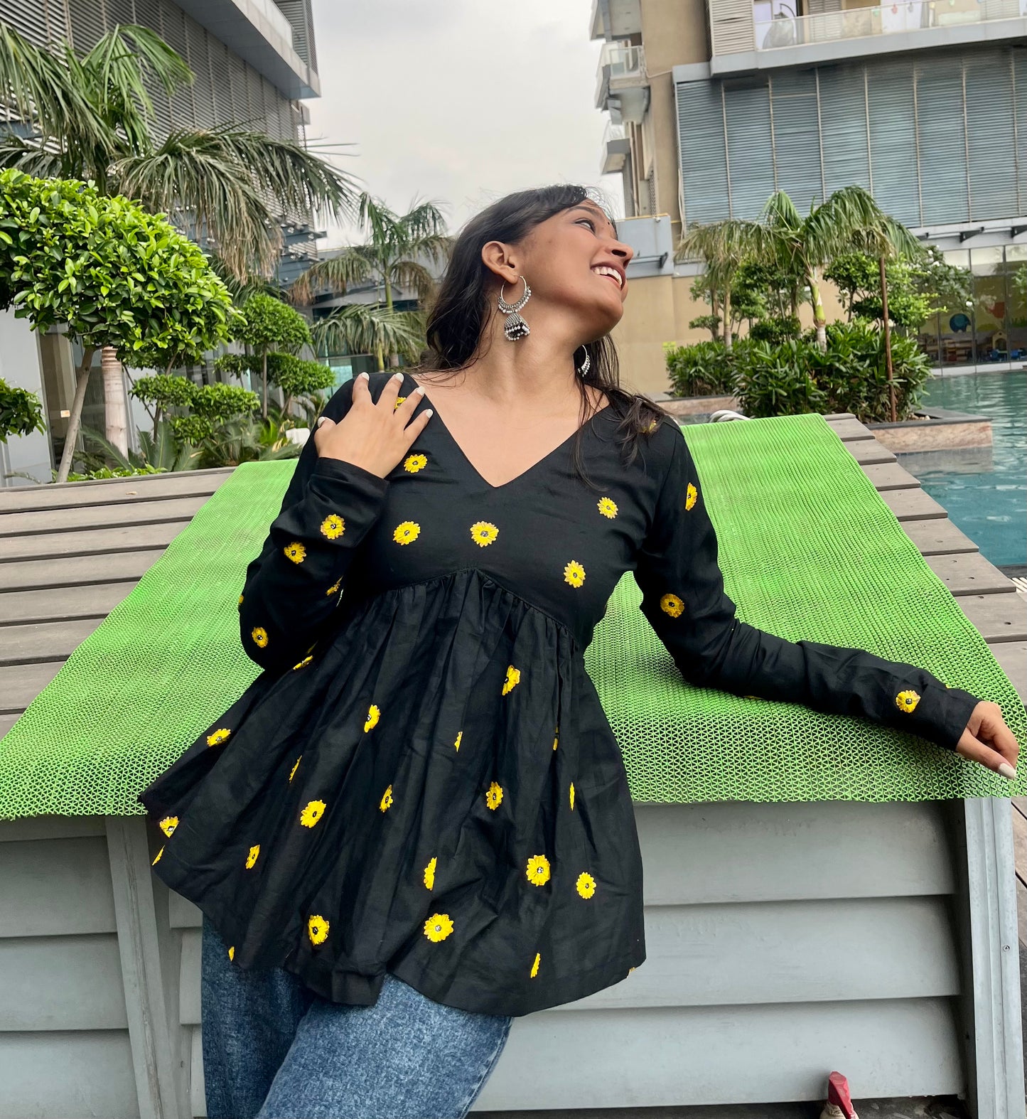 Handpainted Sunflower Peplum Short Kurti