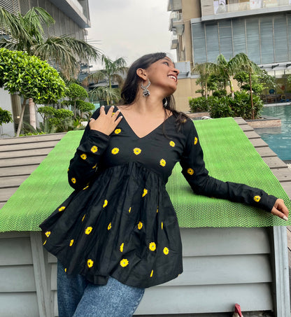 Handpainted Sunflower Peplum Short Kurti