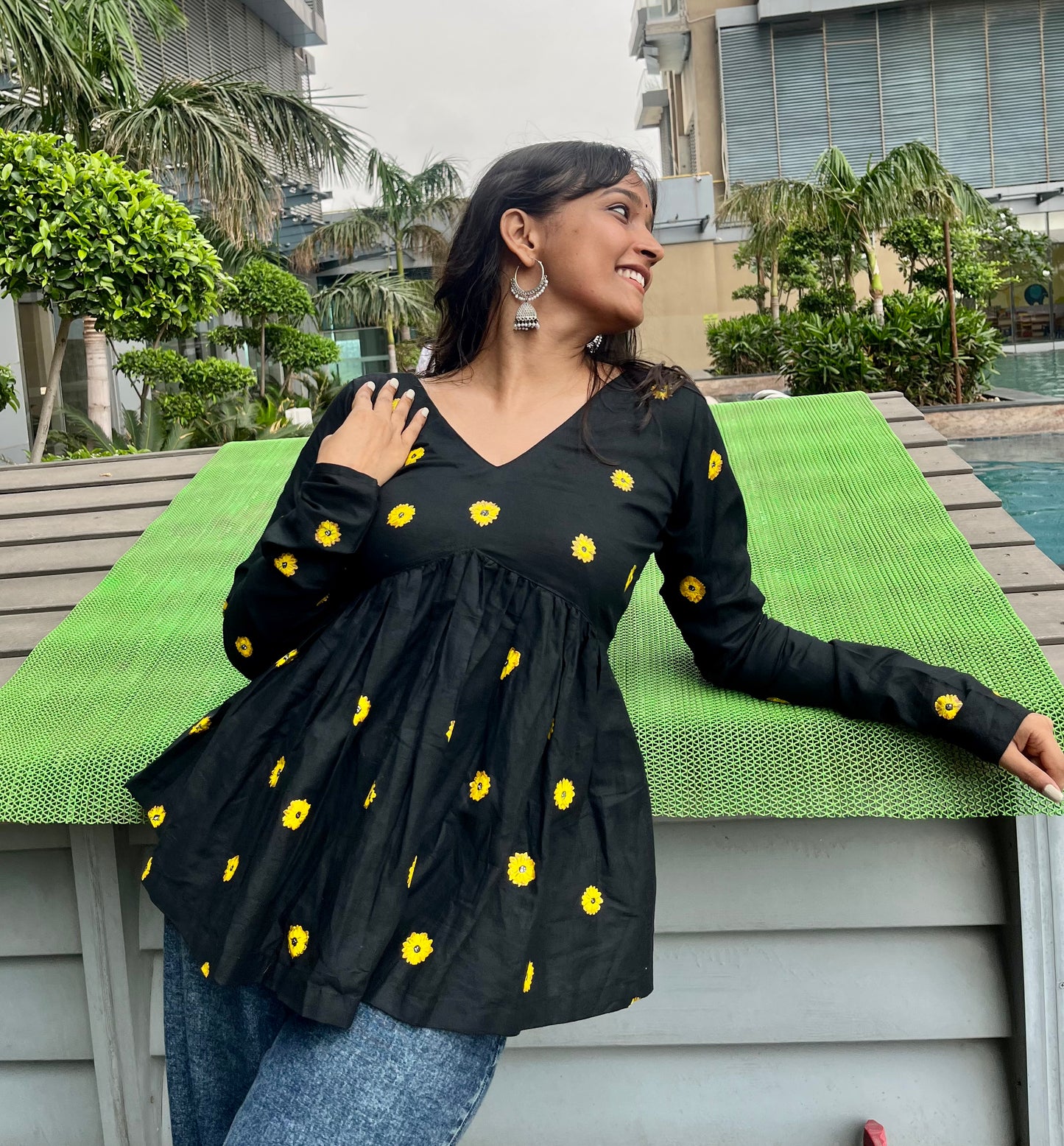 Handpainted Sunflower Peplum Short Kurti