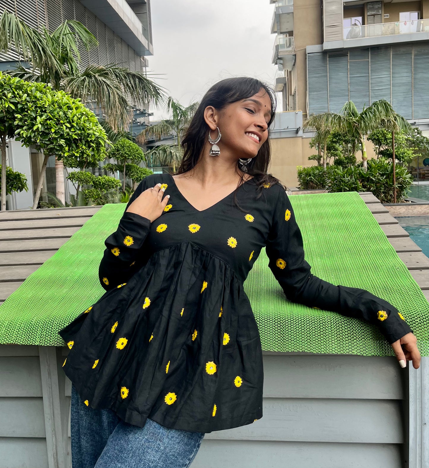 Handpainted Sunflower Peplum Short Kurti