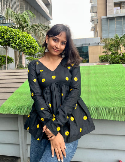 Handpainted Sunflower Peplum Short Kurti