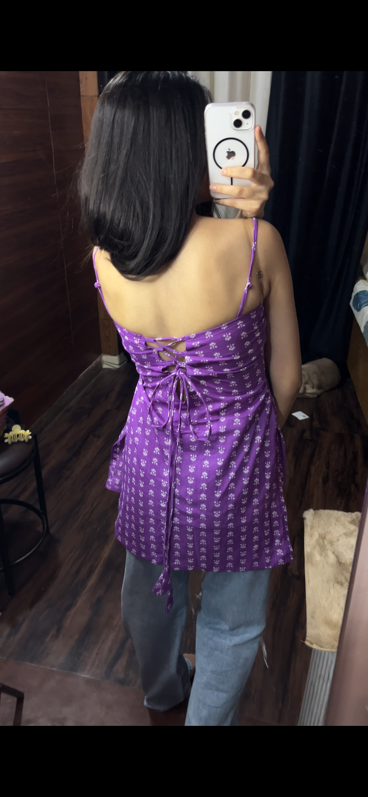 Purple Lotus Strappy Backless Short Kurti