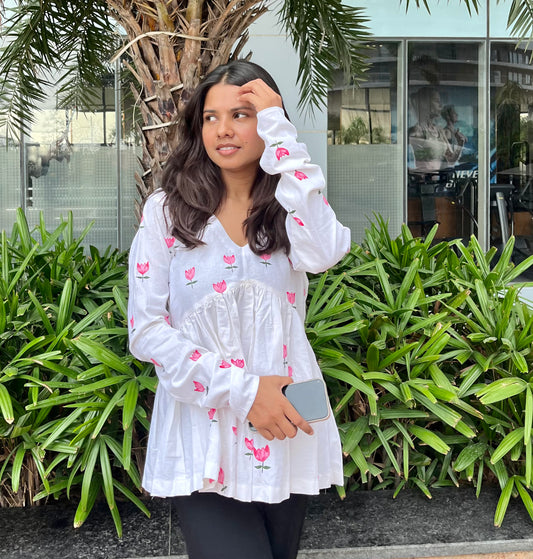 Handpainted Lotus Peplum Short Kurti