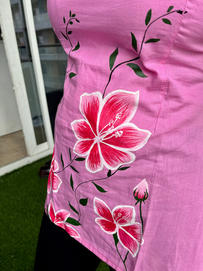Handpainted Pink Floral Short Kurti