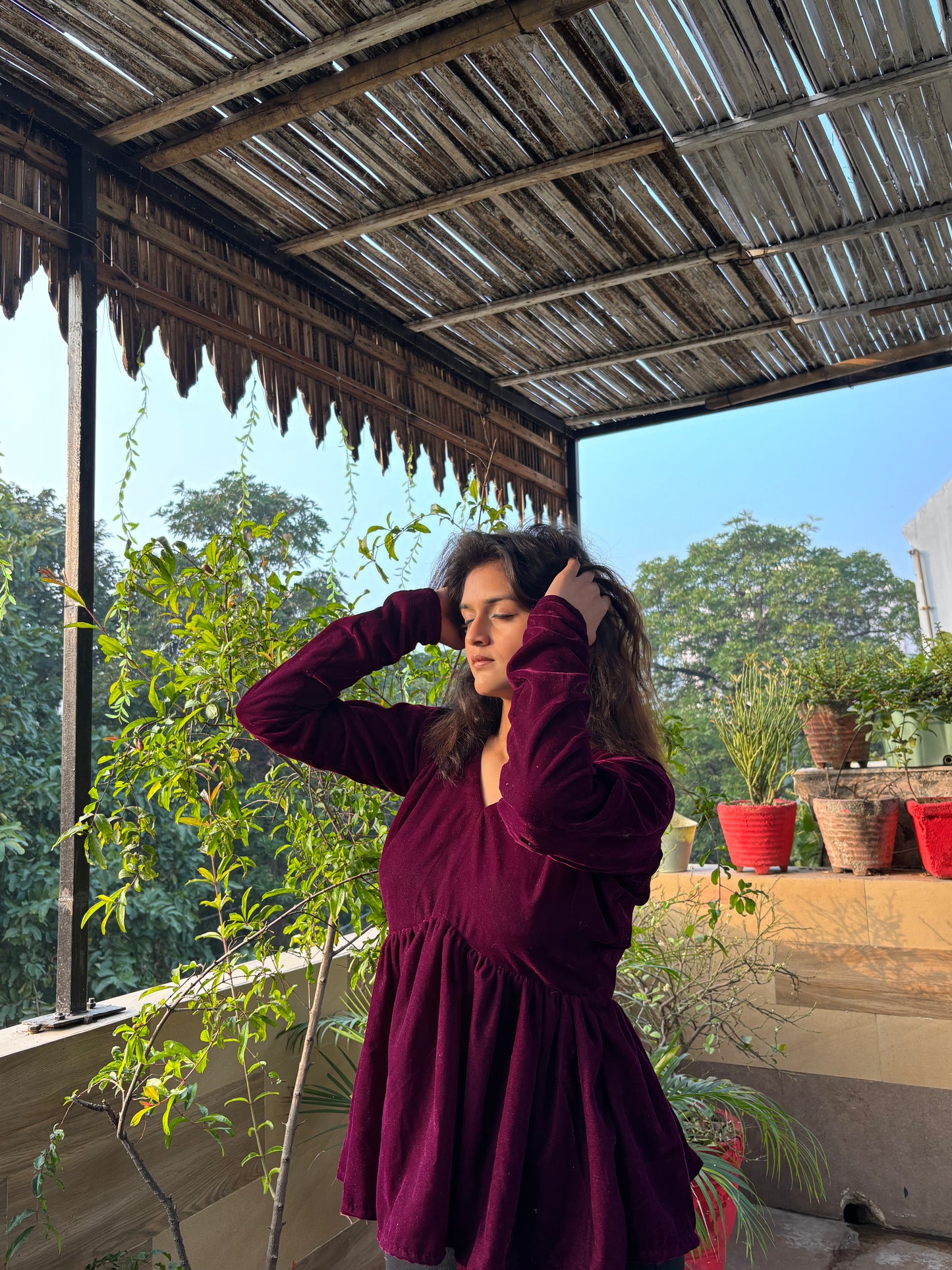 Wine Velvet Short Kurti