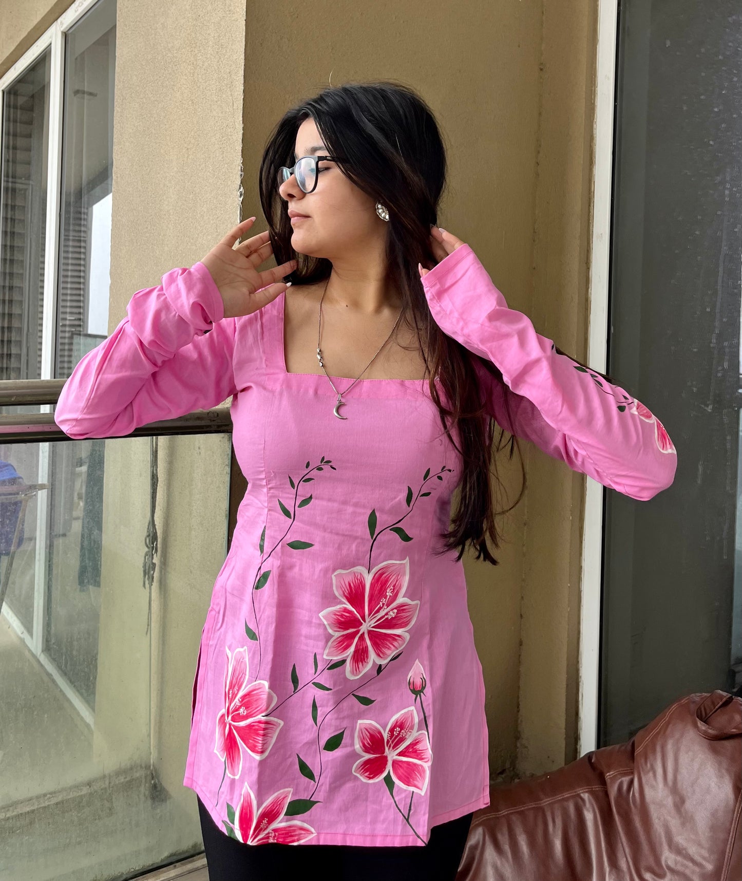 Handpainted Pink Floral Short Kurti