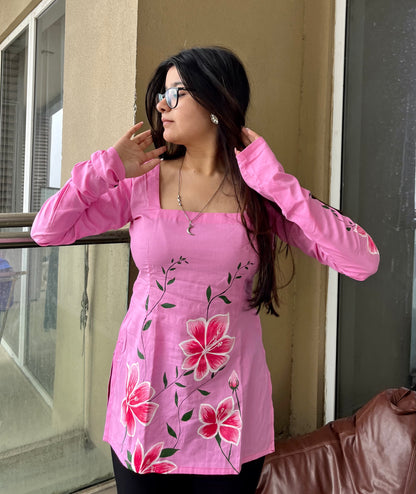 Handpainted Pink Floral Short Kurti