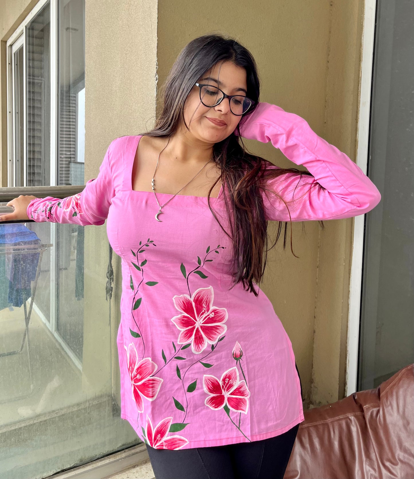 Handpainted Pink Floral Short Kurti