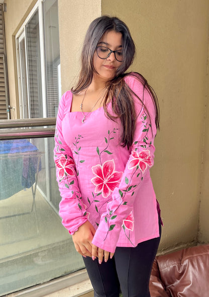 Handpainted Pink Floral Short Kurti