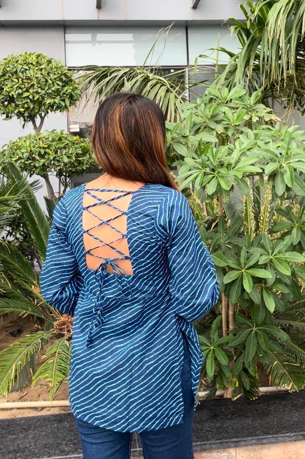 Blue Lehriya Backless Short Kurti