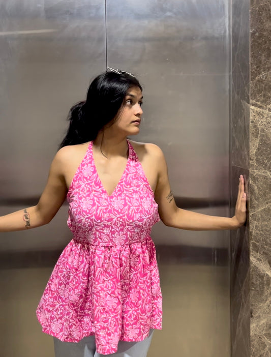 Pink Spicy Backless Peplum Short Kurti