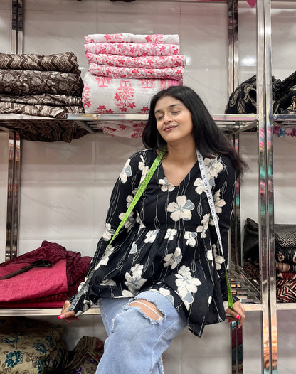 Black & White Floral Peeplum Short Kurti