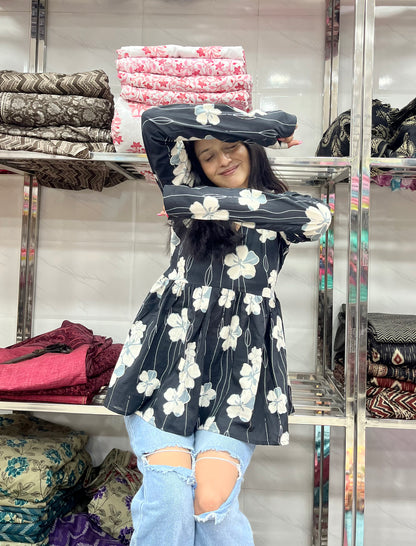 Black & White Floral Peeplum Short Kurti
