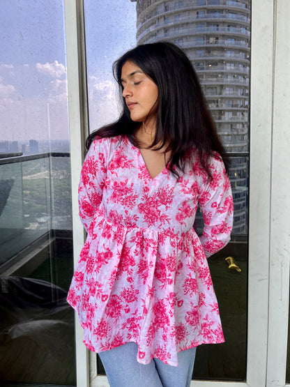 Pink & White Peplum Short Kurti