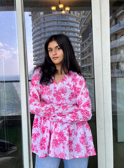 Pink & White Peplum Short Kurti