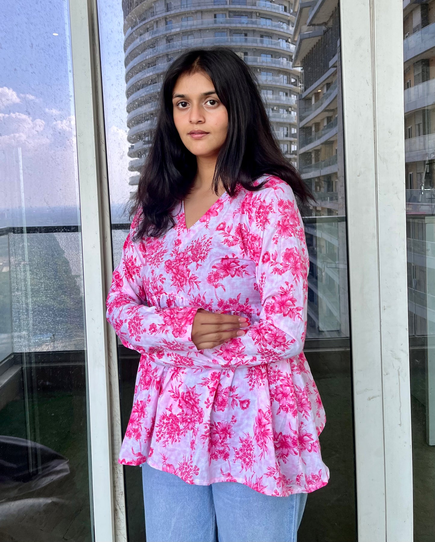 Pink & White Peplum Short Kurti