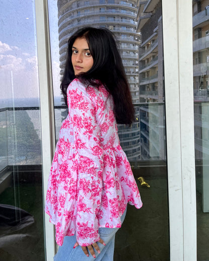 Pink & White Peplum Short Kurti