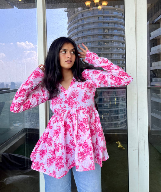 Pink & White Peplum Short Kurti