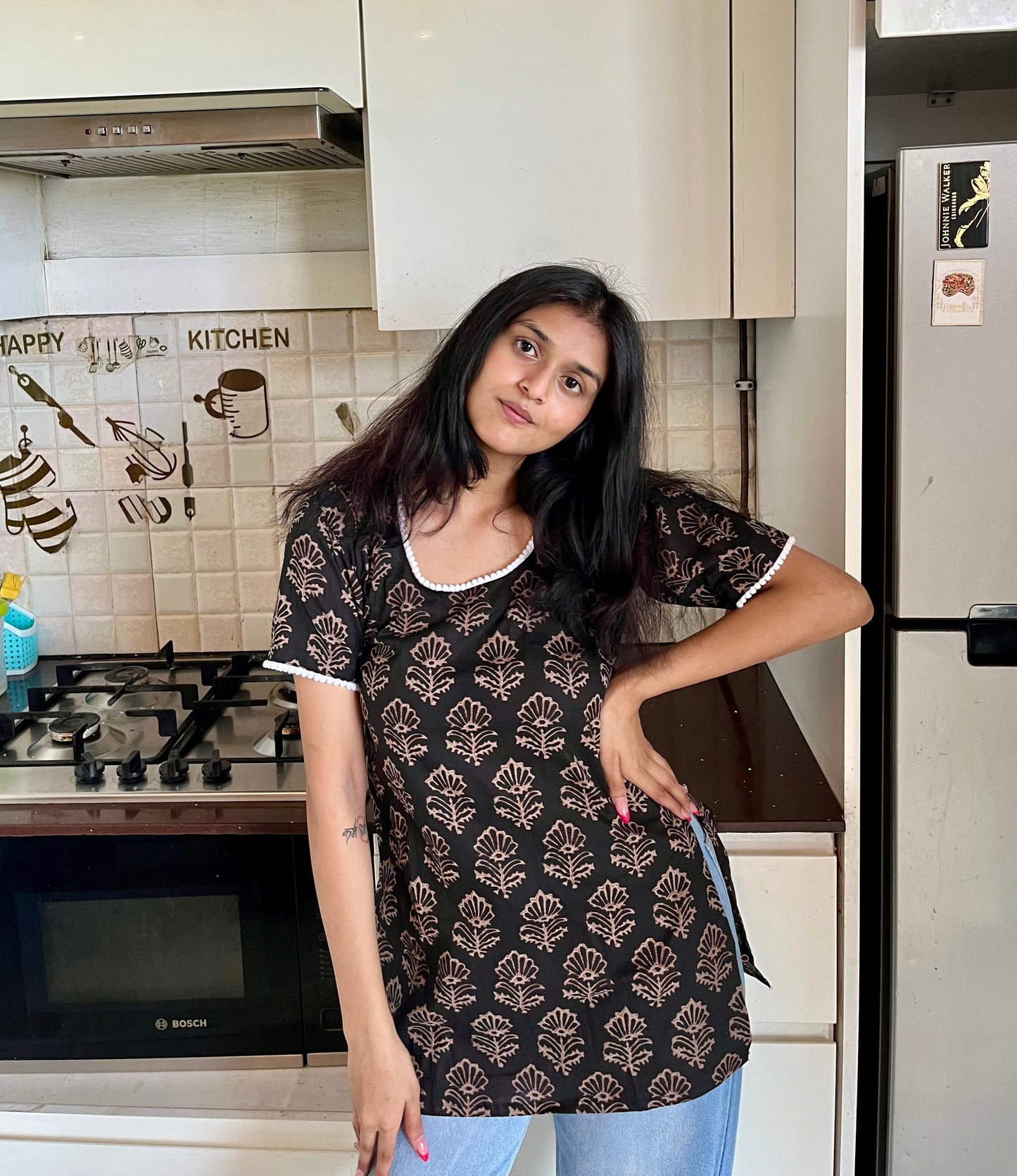 Vintage Black Straight Short Kurti