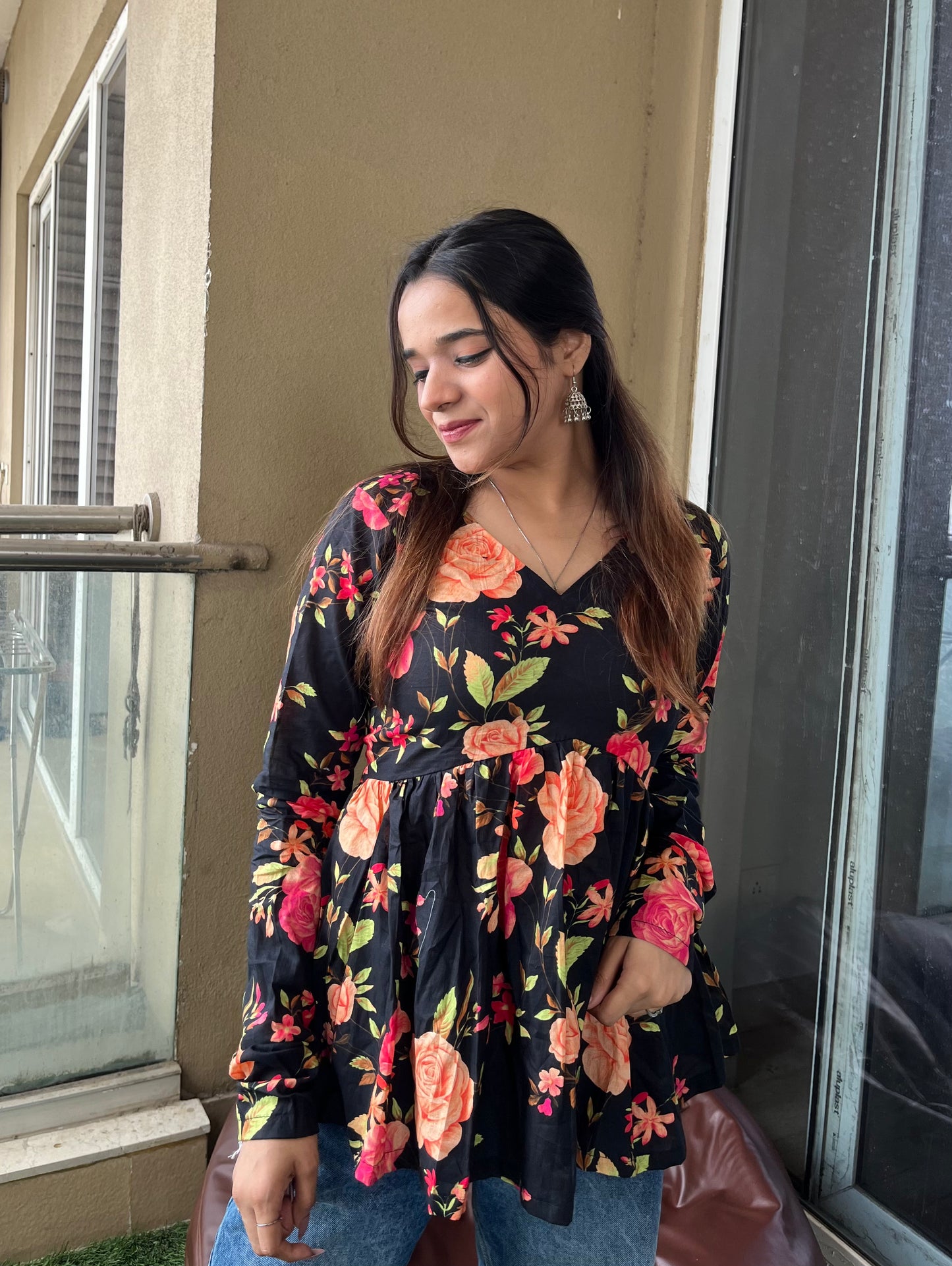 Black Bouquet Peplum Short Kurti