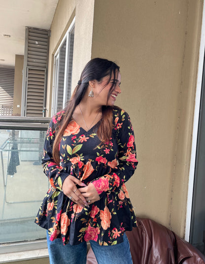 Black Bouquet Peplum Short Kurti